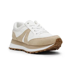 Anne Klein Womens Stellar Lace Up Jogger Platform Sneakers, Comfortable Trendy Everyday Footwear, White Tan