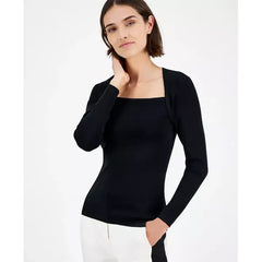 Anne Klein Womens Portrait Neckline Button Sleeve Top, Stylish Elegant Blouse, Anne Black