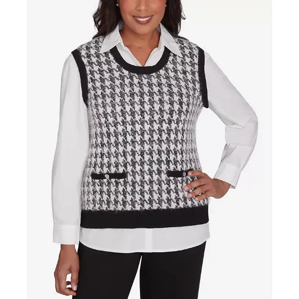 Alfred Dunner Petite Runway Ready Collared Houndstooth Vest Two in One Sweater, Multi Black