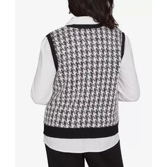 Alfred Dunner Petite Runway Ready Collared Houndstooth Vest Two in One Sweater, Multi Black