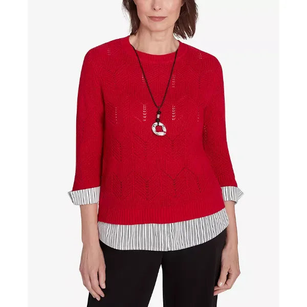 Alfred Dunner Petite Runway Ready Woven Chevron Sweater with Necklace, Red
