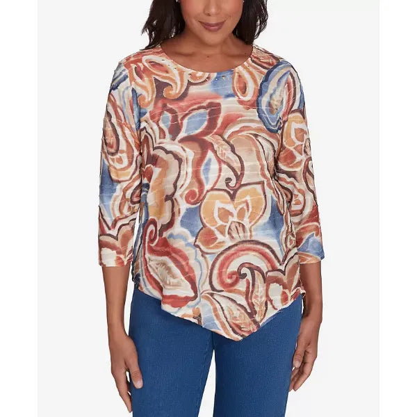 Alfred Dunner Petite Harvest Moon Watercolor Paisley Crew Neck Top, Neutral Multi