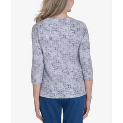 Alfred Dunner Petite Harvest Moon Textured Floral Embroidered Split Neck Top, Grey