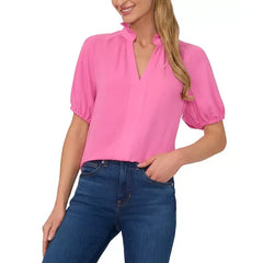 Macy's Women's Short Sleeve Ruffle Neck Raglan Split Neck Blouse-Freeisa Pink