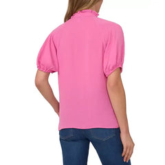 Macy's Women's Short Sleeve Ruffle Neck Raglan Split Neck Blouse-Freeisa Pink
