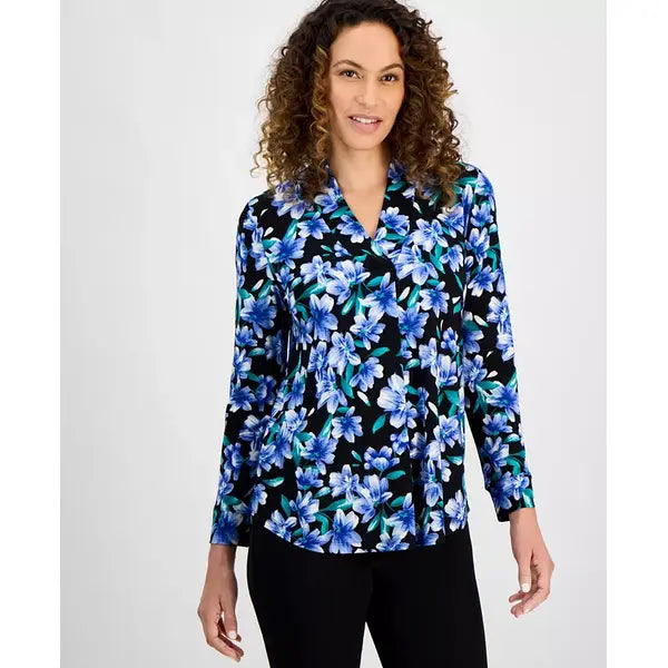 Anne Klein Petite Floral Print V Neck Roll Tab Tunic, Flowy Lightweight Top, Vibrant Cobalt Multi