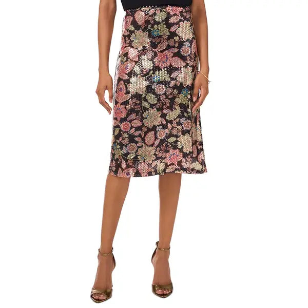 Women's Floral-Print Sequined Knee-Length Skirt,created by Macy's-Rich Black