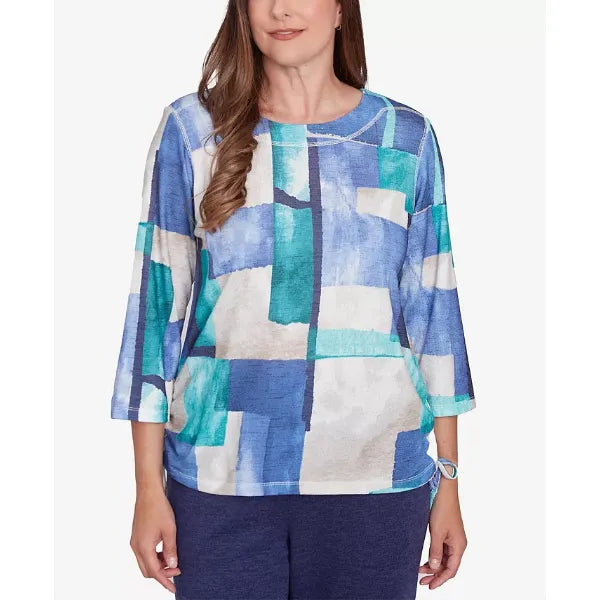 Alfred Dunner Petite French QuarterBlue Tone Box Print Ruched Top, Multi Blue