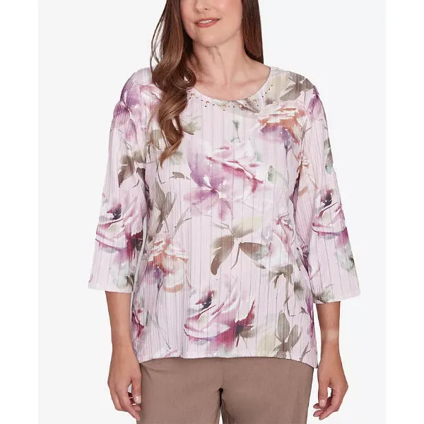 Alfred Dunner Petite Telluride Romantic Florals Textured Top, Rose