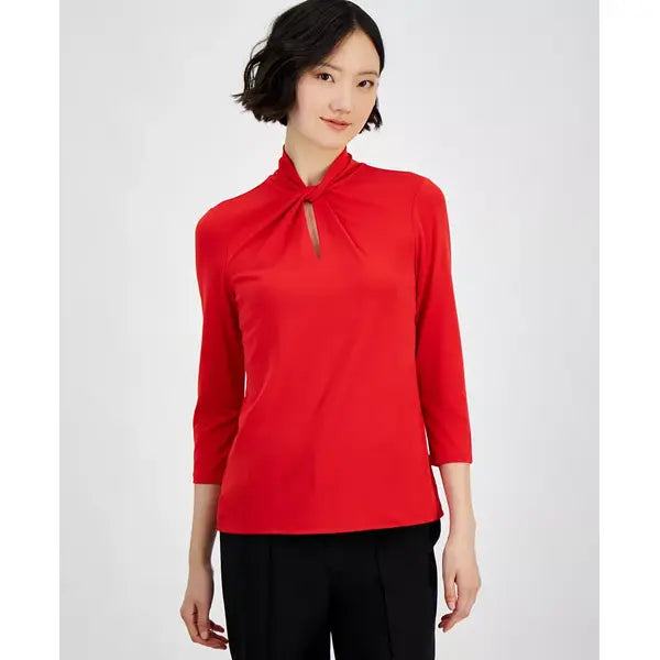 Anne Klein Womens Solid Twist Neck 3/4 Sleeve Top, Stylish Lightweight Blouse