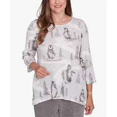 Alfred Dunner Petite Copenhagen Penguin Field Crew Neck Top, Grey Multi, Size PM