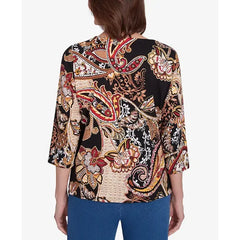 Alfred Dunner Petite Key Items Braided Neck Paisley Tee, Black/Tan