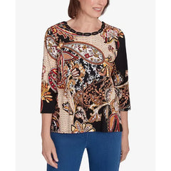 Alfred Dunner Petite Key Items Braided Neck Paisley Tee, Black/Tan