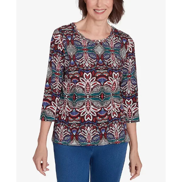 Alfred Dunner Petite Key Items Abstract Leaf Print Three Quarter Sleeve Top, Multi