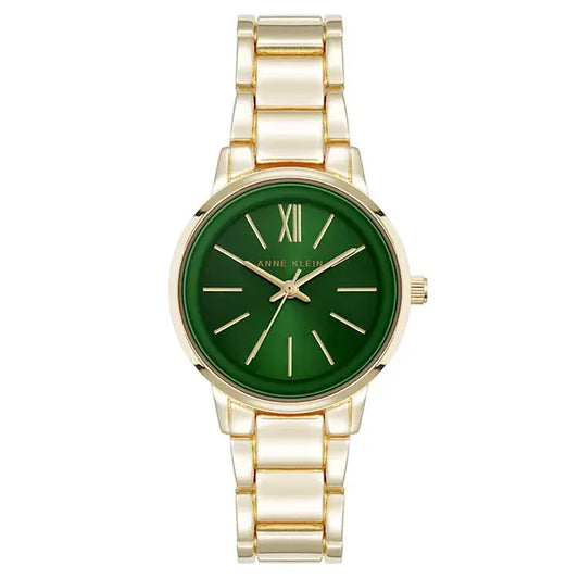 Anne Klein Womens Quartz Minimalist Green and Gold Tone Watch, Elegant Modern Design, 32mm