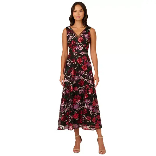 Adrianna Papell Women's Floral Sequin Fit and Flare Dress Perfect for Special Occasions, Black Multi