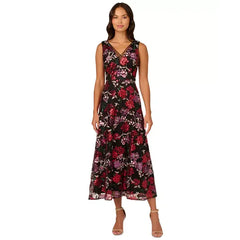 Adrianna Papell Women's Floral Sequin Fit and Flare Dress Perfect for Special Occasions, Black Multi