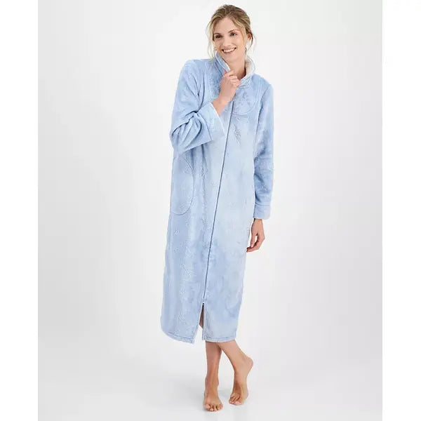 Women's Long Snowflake Embossed Zip-Front Robe, Created for Macy's-Snowflake Blue