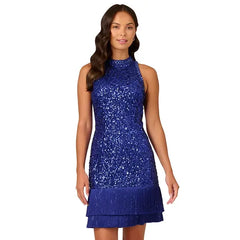 Adrianna Papell Womens Sequined Fringe Sheath Dress for Elegant Party or Evening Outfit ,Ultra Blue
