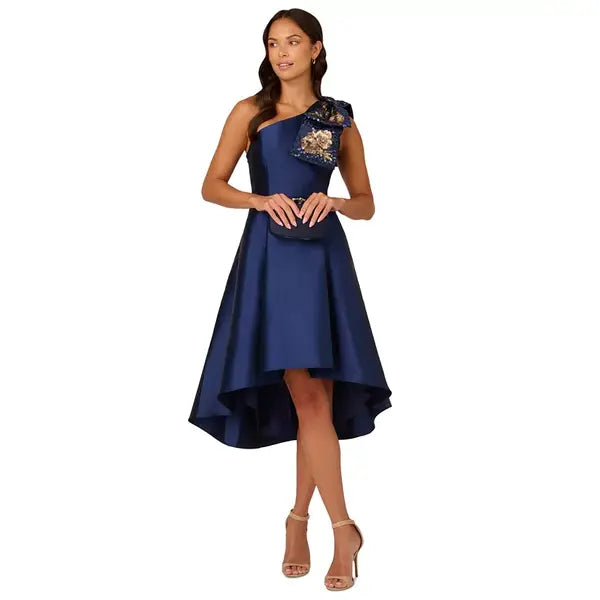 Adrianna Papell Women's Sequined Mikado One Shoulder Dress for Glamorous and Elegant Evening Style, Light Navy
