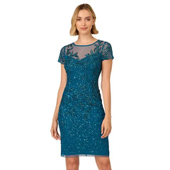 Adrianna Papell Womens Beaded Sheath Dress, Elegant Formal Party Outfit, Teal Sapphire , Size 4