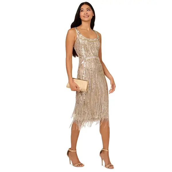 Adrianna Papell Womens Beaded Fringe Sheath Dress, Elegant Cocktail Party Outfit, Platinum