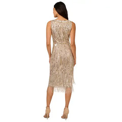 Adrianna Papell Womens Beaded Fringe Sheath Dress, Elegant Cocktail Party Outfit, Platinum