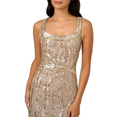 Adrianna Papell Womens Beaded Fringe Sheath Dress, Elegant Cocktail Party Outfit, Platinum