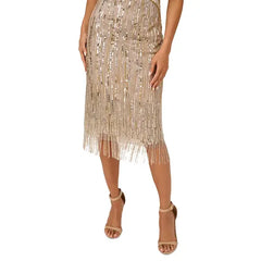 Adrianna Papell Womens Beaded Fringe Sheath Dress, Elegant Cocktail Party Outfit, Platinum