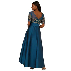 Adrianna Papell Women's Beaded Taffeta Ball Gown, Perfect for Formal Events and Galas, Teal Sapphire/Gold