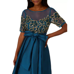 Adrianna Papell Women's Beaded Taffeta Ball Gown, Perfect for Formal Events and Galas, Teal Sapphire/Gold