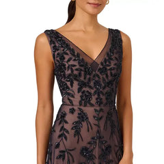 Adrianna Papell Women's Beaded Mesh Midi Dress, Perfect for Elegant Occasions ,Navy/Rosegold , Size 2