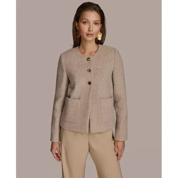 Women's Round-Neck Button-Front Jacket,Created by Macy's-Beige Melange