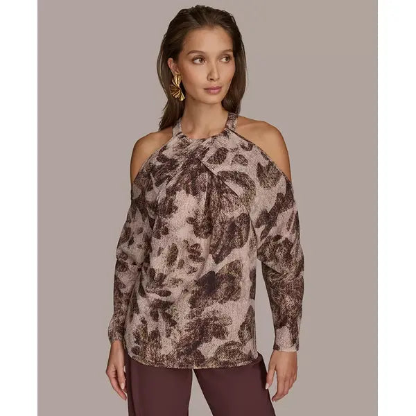 Women's Long Sleeve Printed Cold-Shoulder Top Macy's-Black multi