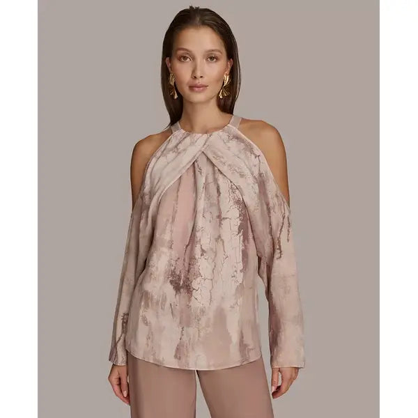 Women's Long Sleeve Printed Cold-Shoulder Top Macy's-Mink combo