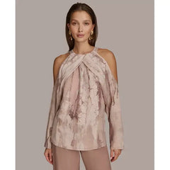 Women's Long Sleeve Printed Cold-Shoulder Top Macy's-Mink combo