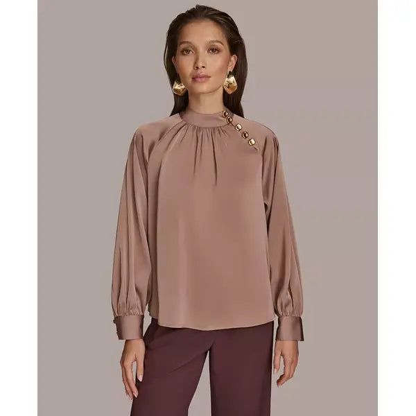 Macy's  Women's High Neck Button-Trim Blouse-MINK