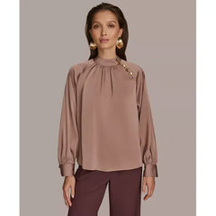 Macy's  Women's High Neck Button-Trim Blouse-MINK