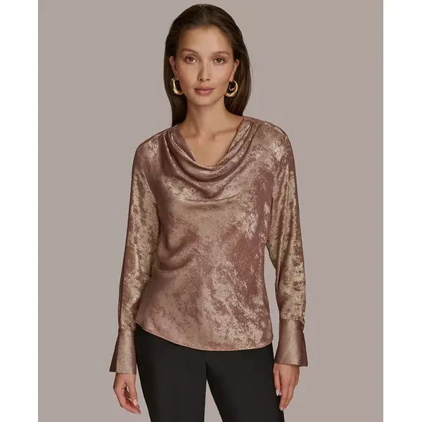 Macy's Women's Metallic Cowl-Neck Long-Sleeve Top-Mink