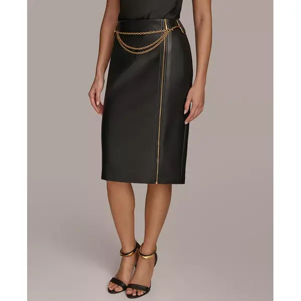 Women's Faux-Leather Chain-Trim Skirt,Created by Macy's-Black