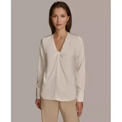 Macy's Women's Twist Front V-Neck Long-Sleeve Top-Lvory