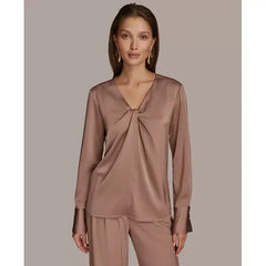 Macy's Women's Twist Front V-Neck Long-Sleeve Top-Mink