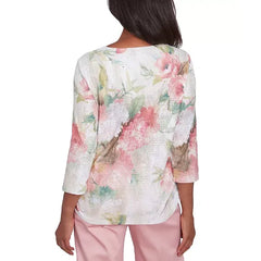 Alfred Dunner Petite Coming Up Roses Beaded Split-Neck Top, Neutral Multi , Size PM