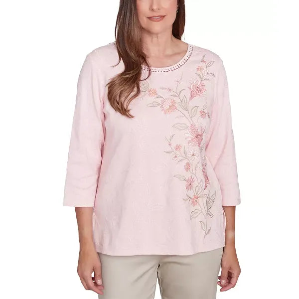 Alfred Dunner Petite Coming Up Roses 3/4-Sleeve Floral Top,  Rose , Size PM