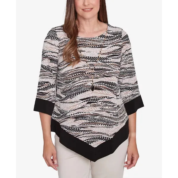 Alfred Dunner Petite Feather Solid Crew Neck Top with Necklace, Neutral Multi