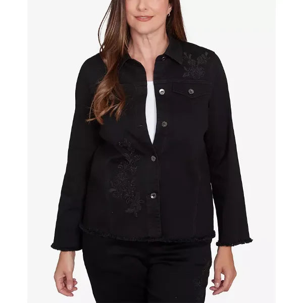 Alfred Dunner Petite Floral Embroidered Denim Jacket, Black, Size PS