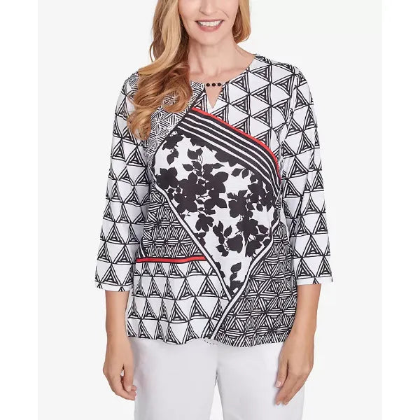 Alfred Dunner Petite Textured Patchwork Top, Black/White