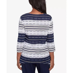 Alfred Dunner Petite Spliced Stripe Crew Neck Textured Top, Navy Multi