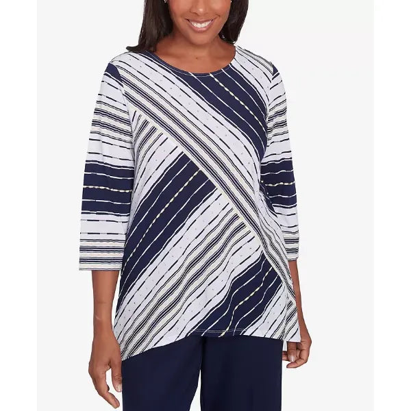 Alfred Dunner Petite Spliced Stripe Crew Neck Textured Top, Navy Multi