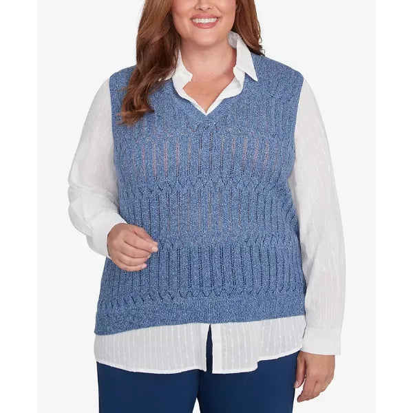Alfred Dunner Plus Size Lake Victoria Collared Vest Two in One Sweater, Blue